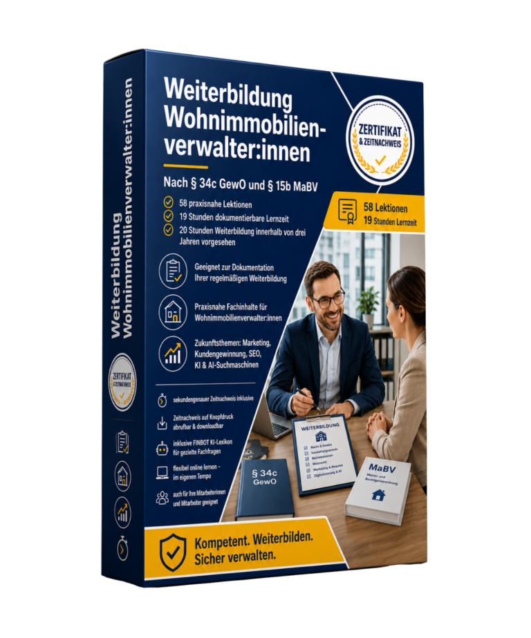 Regelmäßige Weiterbildung für Wohnimmobilienverwalter:innen (§ 34c GewO, MaBV)